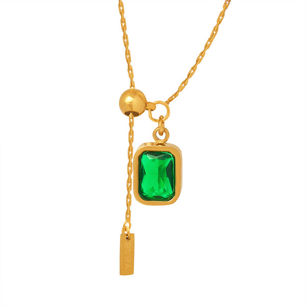 Vintage court emerald zircon tassel English letter simple necklace collarbone chain temperament girls jewelry
