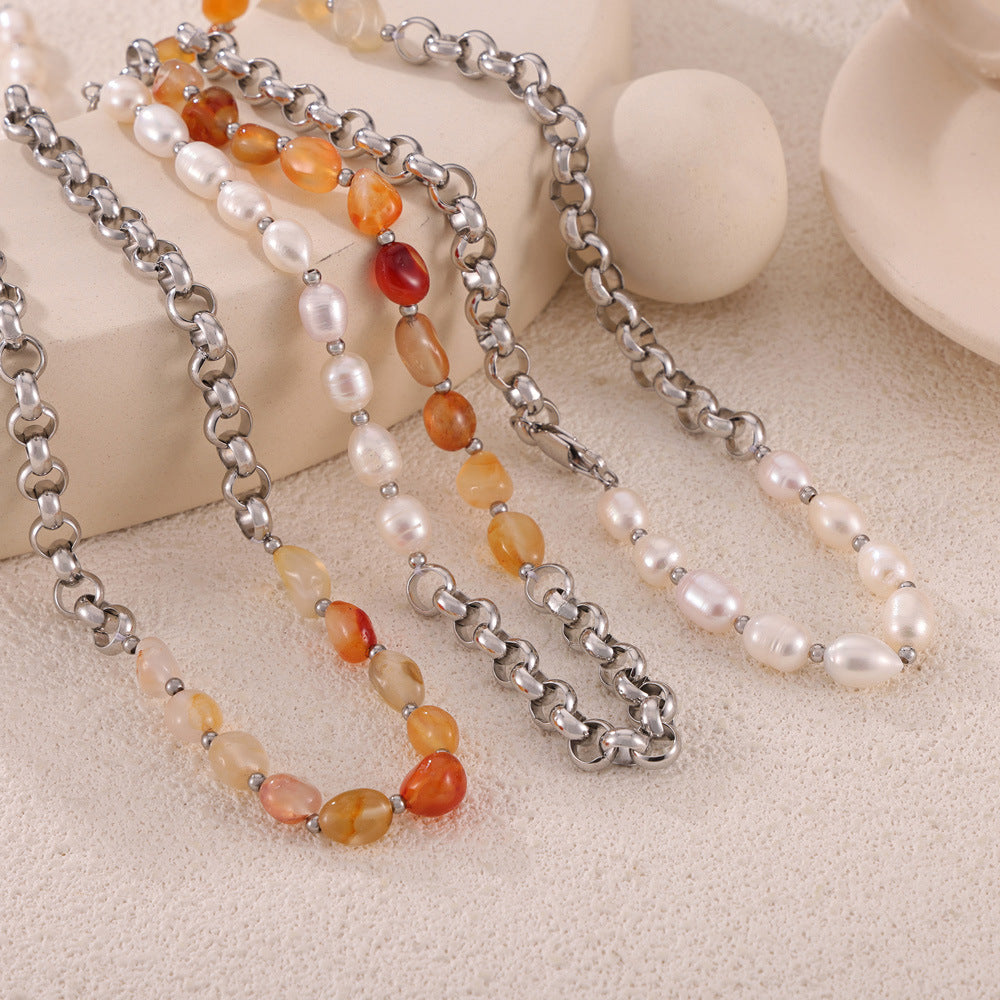 Simple individual cold wind light luxury jewelry freshwater pearl natural stone handmade beaded design titanium steel necklace pp