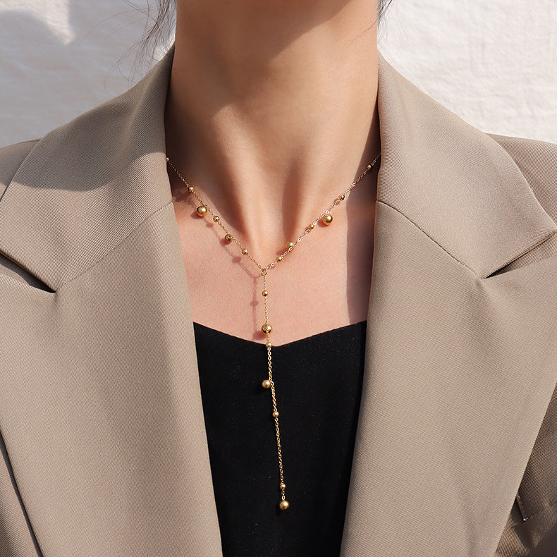 Cold wind trend round beads long fringed necklace women's collarbone neck chain sweater chain titanium steel jewelry P794