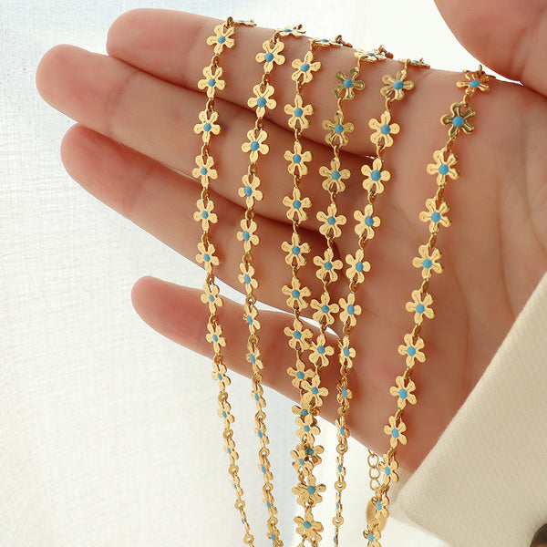 Small fresh plated 18k gold flower blue oil drop necklace bracelet niche bracelet neck chain set P075-E012