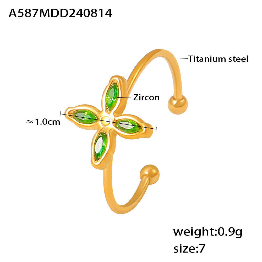 Niche four-petaled flower inlaid zircon pendant, collarbone necklace, open ring, titanium steel plated 18k real gold set, women's 99.