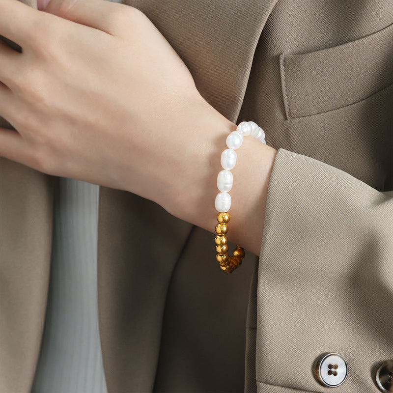 New light luxury and versatile high-end natural freshwater pearl handmade beaded titanium steel gold-plated bracelet jewelry