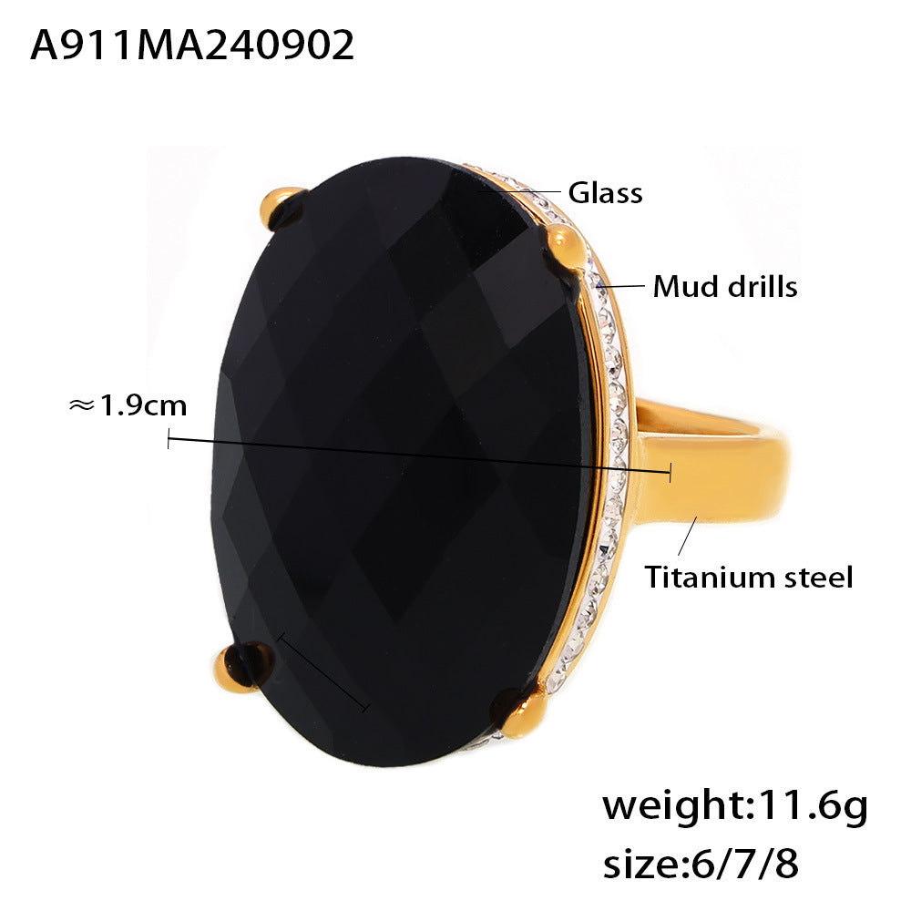 Oval sticky diamond large glass ring titanium steel plated 18K real gold ring retro light luxury hand jewelry 99