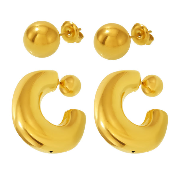 C-type hollow high-texture fine-polished steel ball two-wear stud earrings PVD-plated 18K real gold personalized ear jewelry