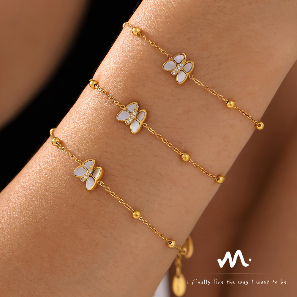Light luxury niche butterfly bead bracelet, natural fritillary inlaid 3A zircon titanium steel plated 18k real gold, beautiful color retention women 99