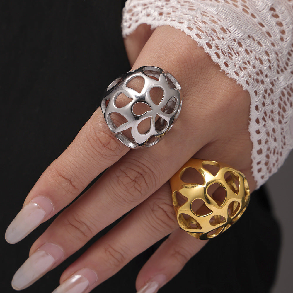 Large glossy hollow exaggerated heavy industry ring women's stainless steel plated 18K real gold color retention spot