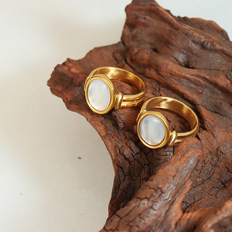 Vintage White Sea Shell Charming Ring Jewelry, 18 Real Gold Titanium Steel Index Finger Ring Jewelry A256
