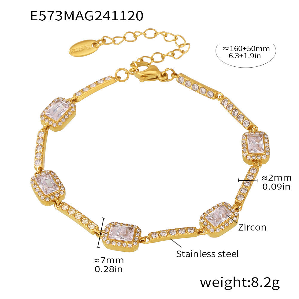Stainless steel geometric super flash zircon bracelet, high-texture hand-inlaid luxury color-preserving jewelry combination
