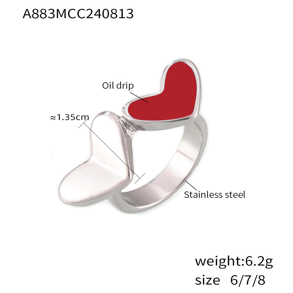 Marka heart-to-heart print color glaze index finger ring niche stainless steel plated 18K real gold ring spot