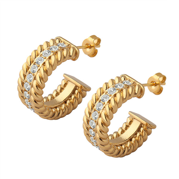 Temperament celebrity banquet accessories, fashion trend diamond-set C-shaped earrings, gold-plated threaded earrings pp on both sides