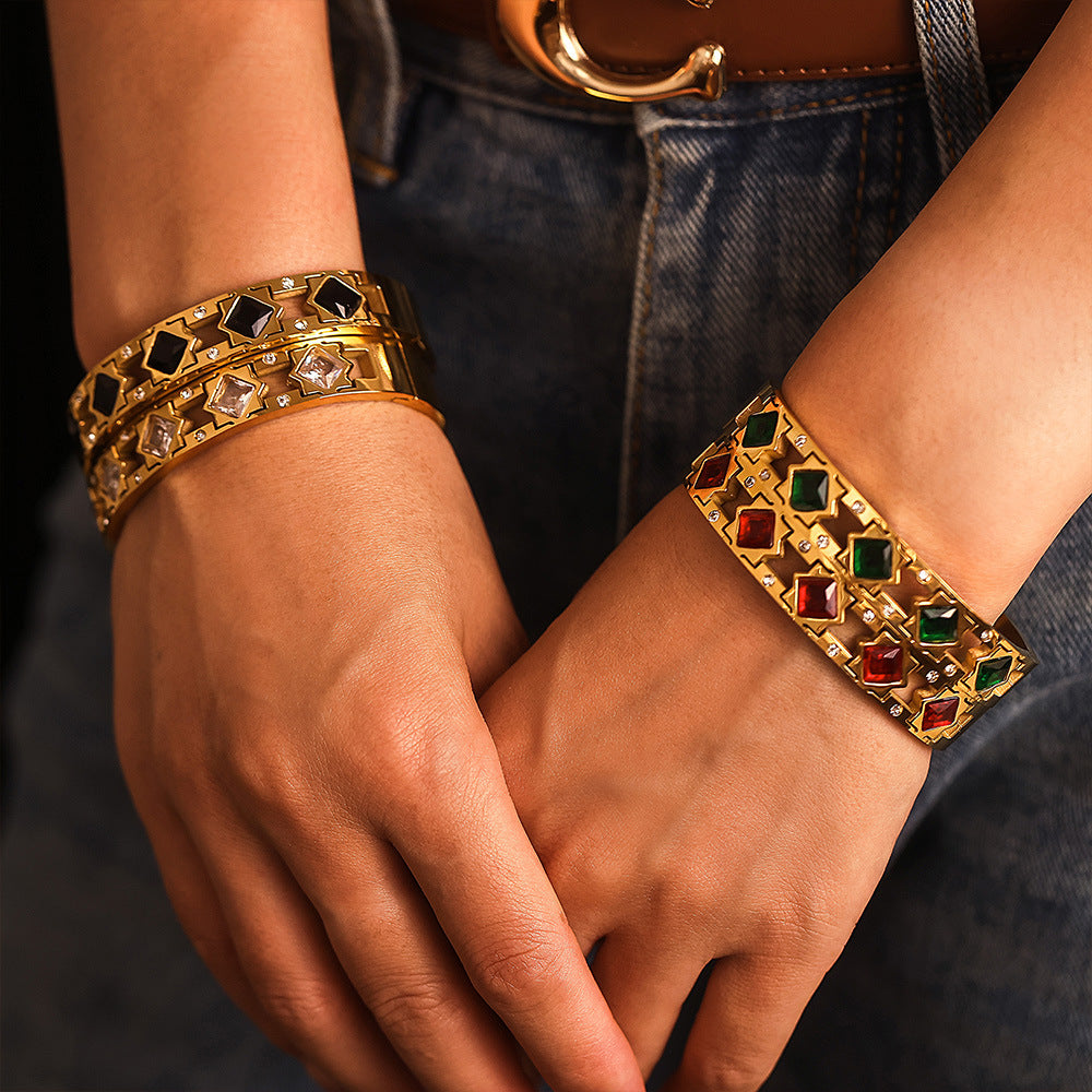 Square zircon glass buckle bracelet luxury temperament jewelry stainless steel PVD plating