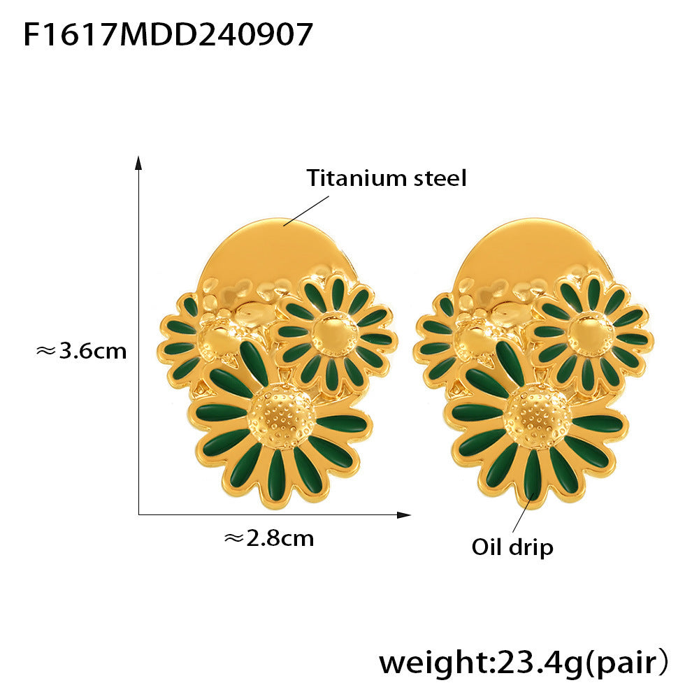 Chrysanthemum stud earrings 18k gold titanium steel small daisy oil dripping earrings women's temperament retro earrings wholesale