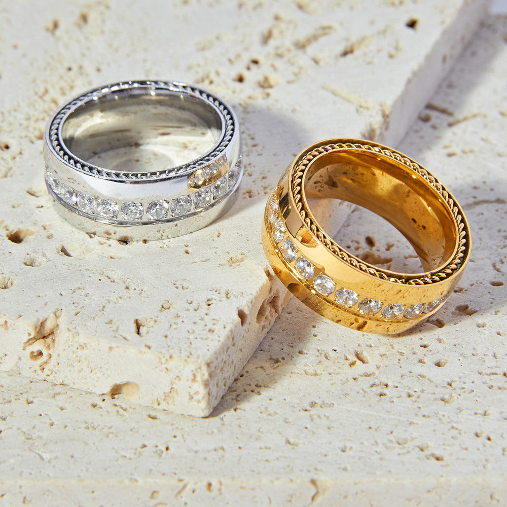 Niche personalized texture lace index finger ring inlaid with diamond design titanium steel gold-plated casual wind ring pp