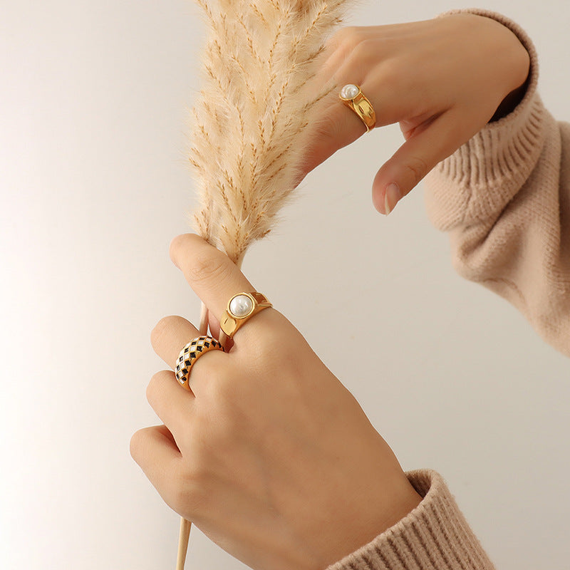 = Retro style niche design imitation pearl ring female, titanium steel plated 18K gold open single ring manufacturer wholesale pp