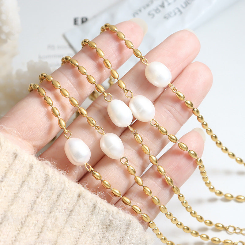 Freshwater pearl splicing rice bead temperament metal chain bracelet neutral wind personality non-fading girlfriend jewelry