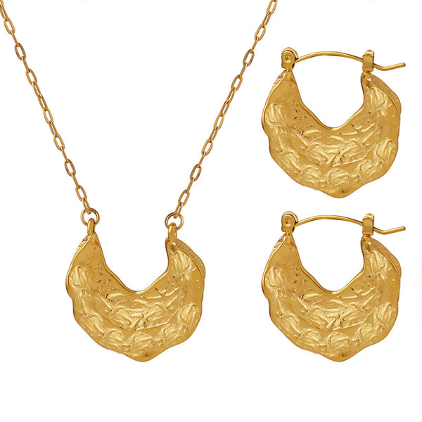 Special-shaped irregular hammer pattern necklace, personalized neutral wind ear buckle, titanium steel plated 18K real gold jewelry set
