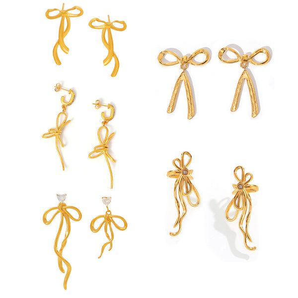 Light luxury bow tassel ribbon stud earrings stainless steel plated 18K real gold fairy earrings spot wholesale