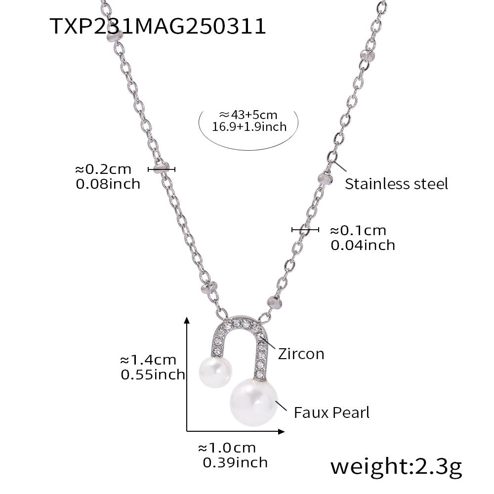 U-shaped bead zircon necklace stud earrings niche design sense light luxury fashion clavicle chain earrings titanium steel set