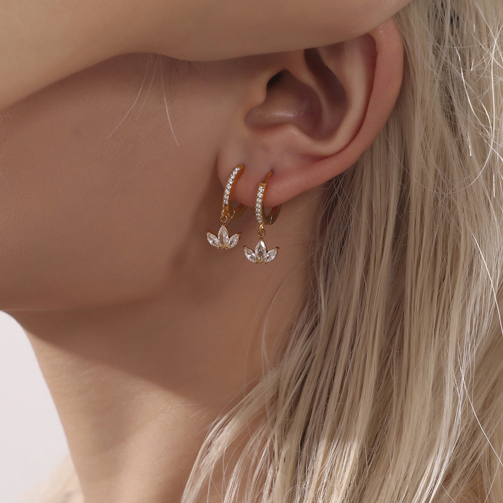 Stainless steel full diamond micro-inlaid clover zircon stud earrings piercing jewelry PVD plated 18K real gold earrings women