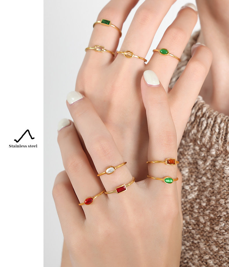 Personalized titanium steel gold-plated ring inlaid with colorful spar women's ring
