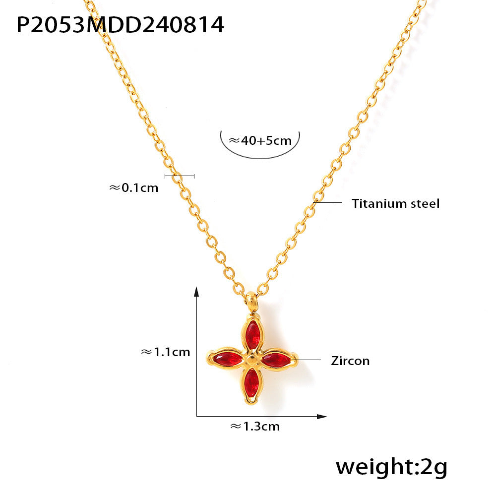 Niche four-petaled flower inlaid zircon pendant, collarbone necklace, open ring, titanium steel plated 18k real gold set, women's 99.