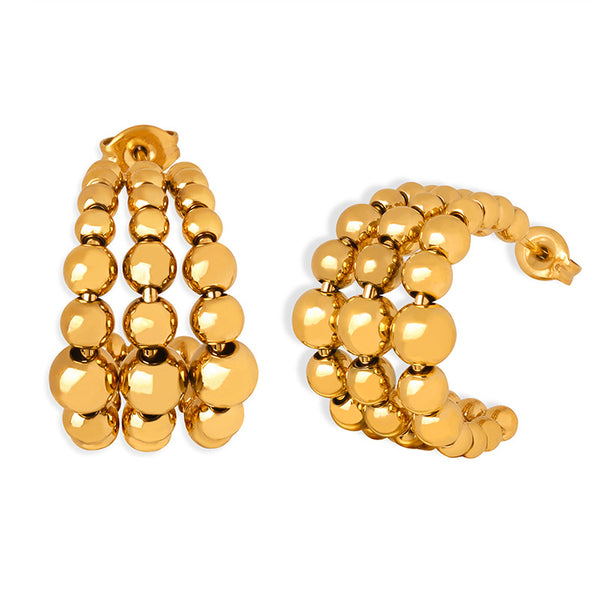 C-shaped semicircular three-layer steel ball splicing niche design metal texture fashionable personalized titanium steel plated K gold earrings