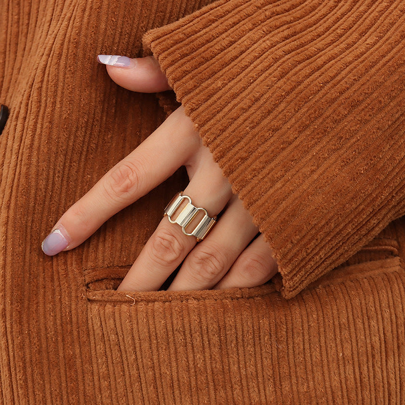 Cold wind light luxury hollow geometric ring necklace bracelet combination titanium steel plated 18K real gold set