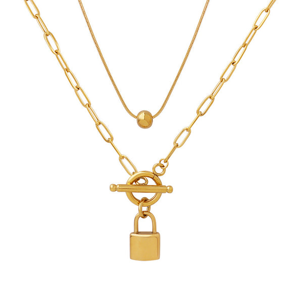 Cold and trendy OT buckle with two locks, steel ball pendant stacked with titanium steel necklace, exquisite women's jewelry 99.