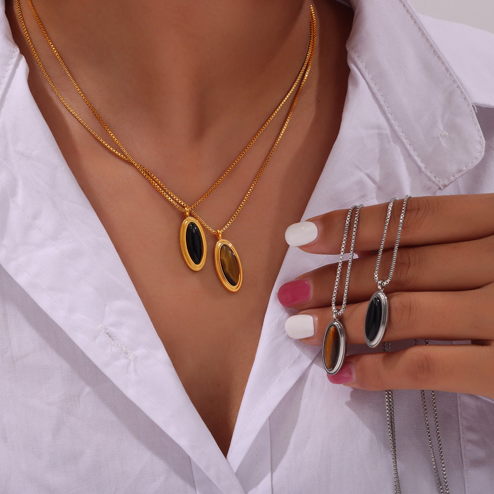 Vintage niche Vintage jewelry Tiger's eye stone pendant with diamond shell shape design titanium steel necklace