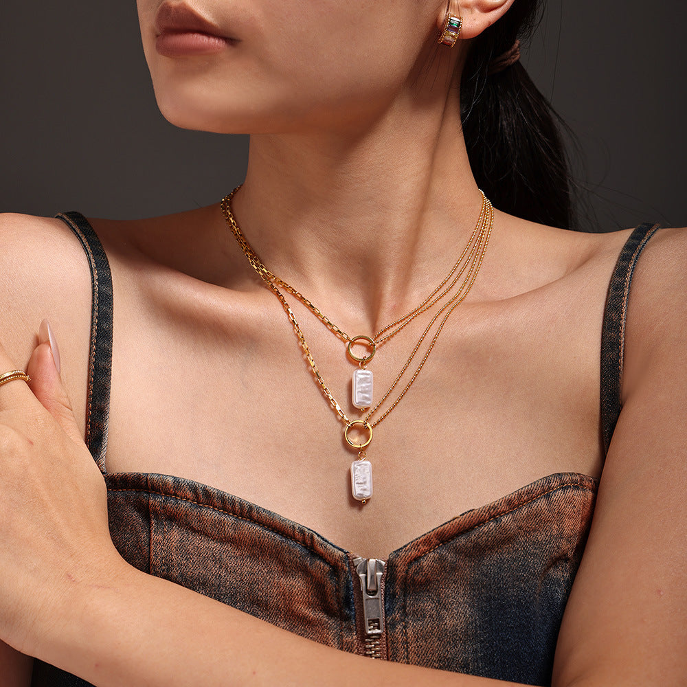 Baroque imitation pearl pendant necklace women's stainless steel plated 18k gold creative niche design clavicle chain