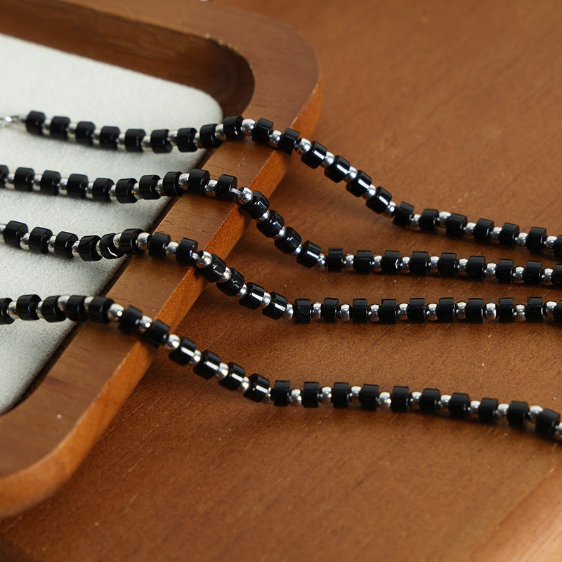 New light luxury retro high-end natural black turquoise handmade beaded stainless steel bead bracelet jewelry