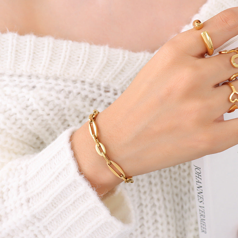 Hip-hop design geometric elements stacked simple bare chain titanium steel plated 18K gold bracelet accessories set pp