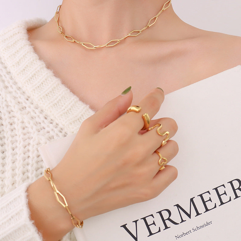 Hip-hop design geometric elements stacked simple bare chain titanium steel plated 18K gold bracelet accessories set pp