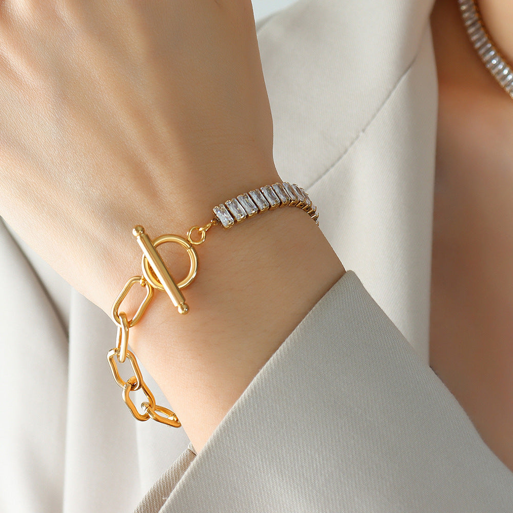 Cold wind exaggerated chain OT buckle design zircon personalized necklace hip hop non-fading bracelet jewelry set 99