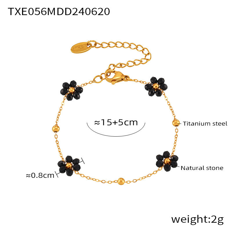 Retro niche personality simple and versatile jewelry natural stone beaded flower shape titanium steel jewelry set 99