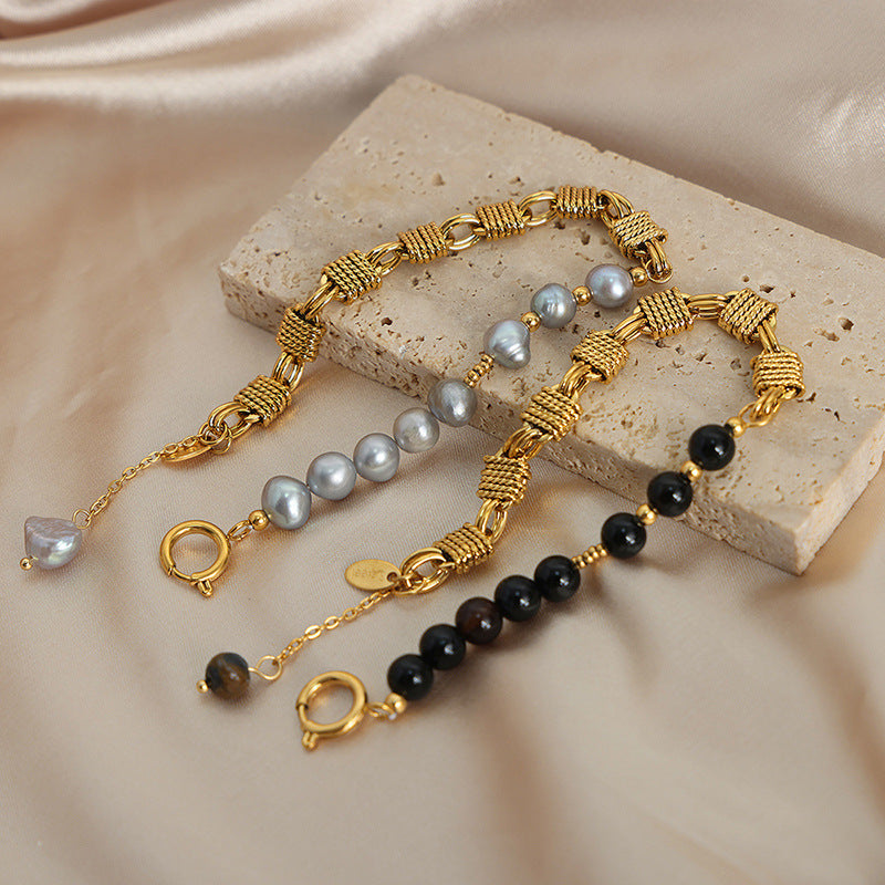 New high-end niche men's brass freshwater pearl handmade beaded natural stone black agate bracelet women