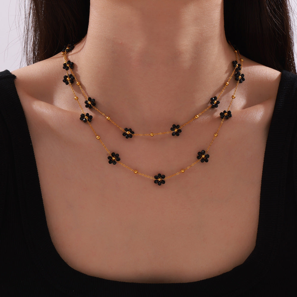 Retro niche personality simple and versatile jewelry natural stone beaded flower shape titanium steel jewelry set 99