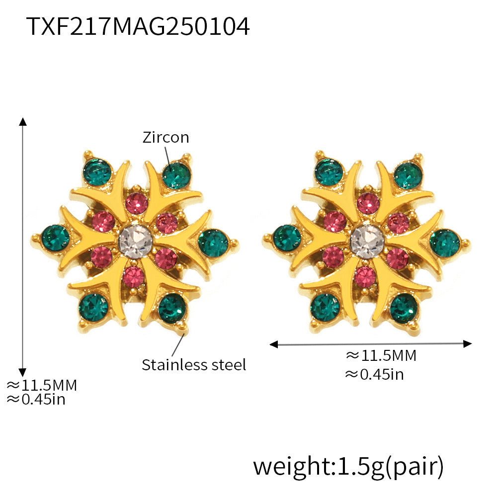 Handmade inlaid zircon snowflake stud earrings stainless steel plated 18K real gold niche fashion commuter earrings wholesale