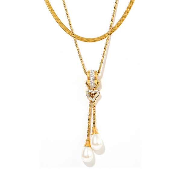 European and American light luxury buckle love tassel imitation pearl pendant necklace stainless steel gold-plated stacked necklace jewelry female pp