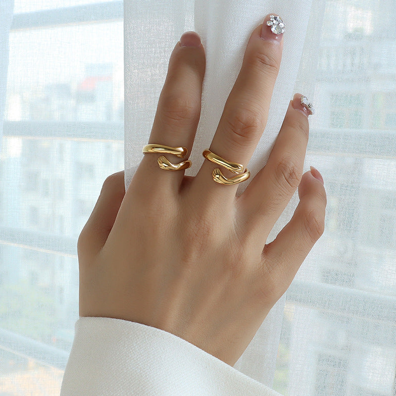 Hug you with both hands Open ring Titanium steel personalized tail ring Index finger ring A203 Unique 99