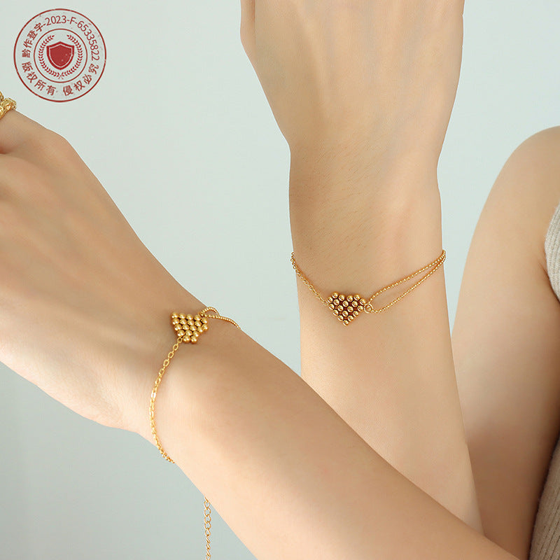 Bracelet Double Chain Steel Ball Peach Heart Love Pendant Bracelet Women's Titanium Steel 18k Gold Jewelry E203