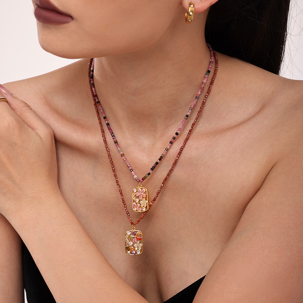 Color zircon small flower copper pendant necklace natural stone handmade beaded sugar cube luxury collarbone accessories spot