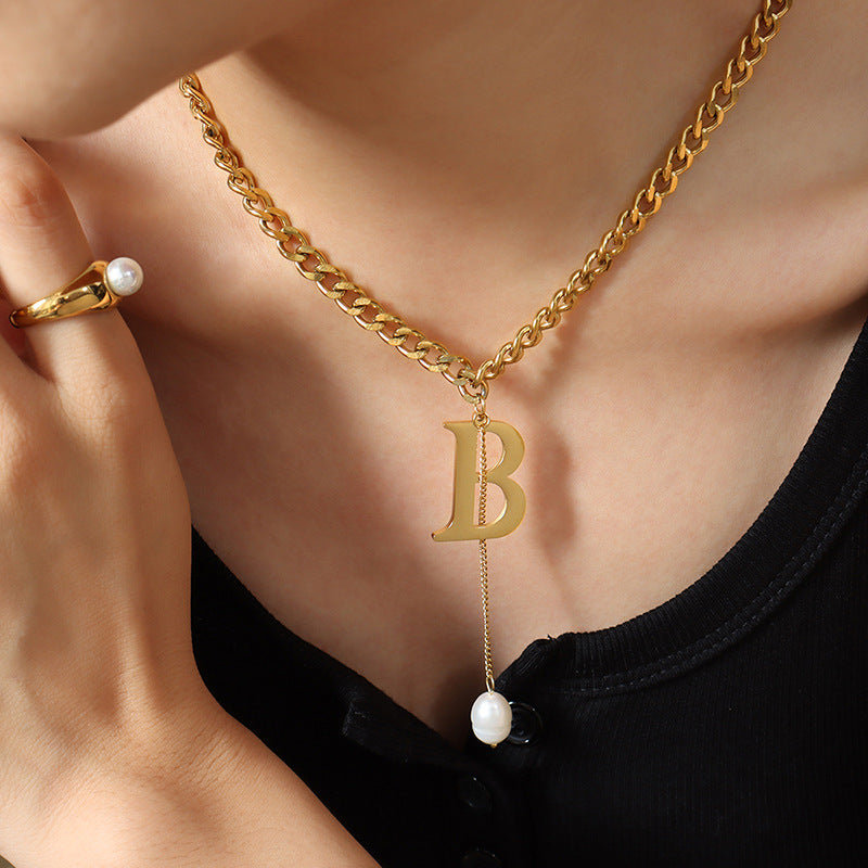 Trend Accessories Letter B Tassel Baroque Freshwater Pearl Necklace Women's Titanium Steel Clavicle Chain P910pp
