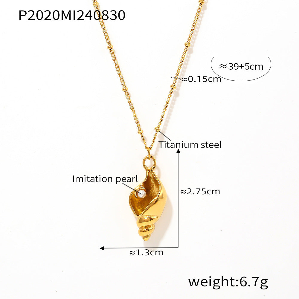 Conch inlaid imitation pearl collarbone necklace women's titanium steel 18k plated real gold niche versatile necklace wholesale 99