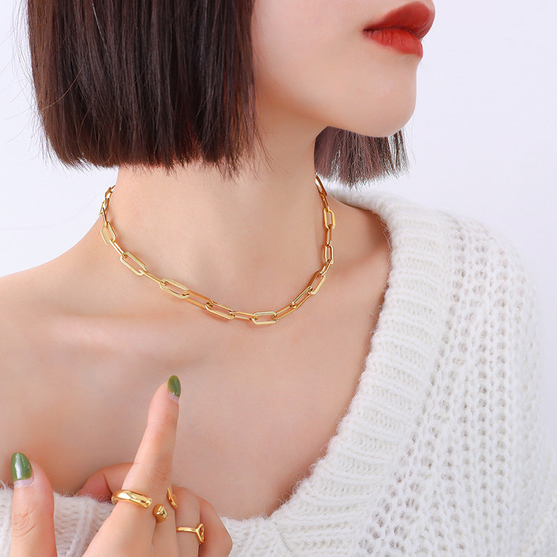 Hip-hop design geometric elements stacked simple bare chain titanium steel plated 18K gold bracelet accessories set pp
