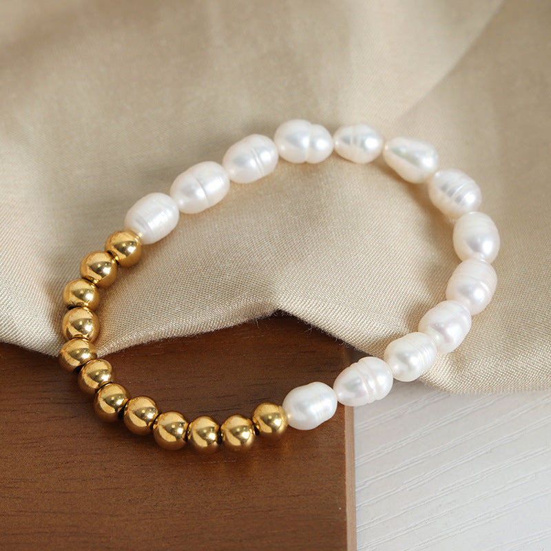 New light luxury and versatile high-end natural freshwater pearl handmade beaded titanium steel gold-plated bracelet jewelry