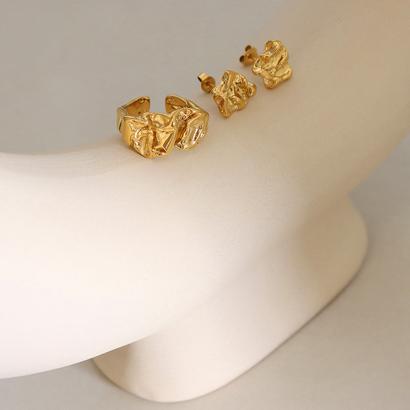 Women's retro temperament personalized style niche design embossed chic concave-convex ring earrings jewelry set pp