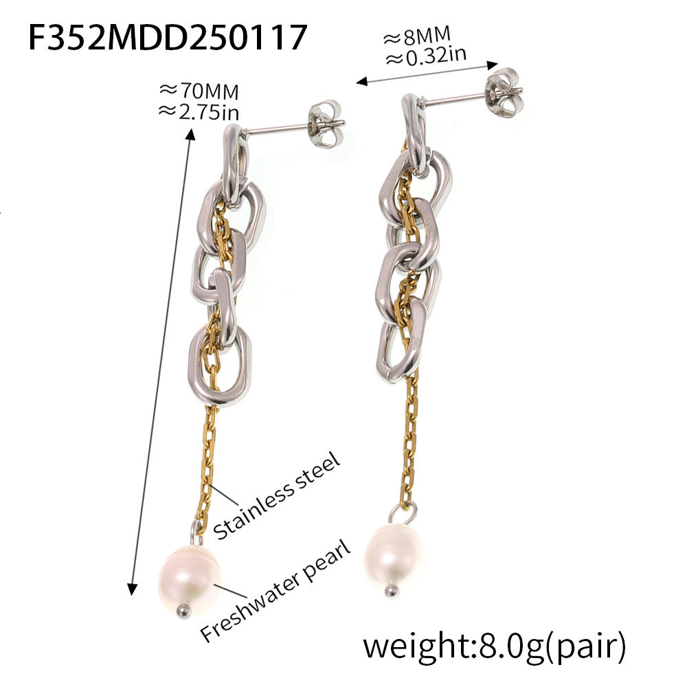 Chain fringed freshwater pearl earrings fashionable cold wind earrings stainless steel plated 18K real gold jewelry tide