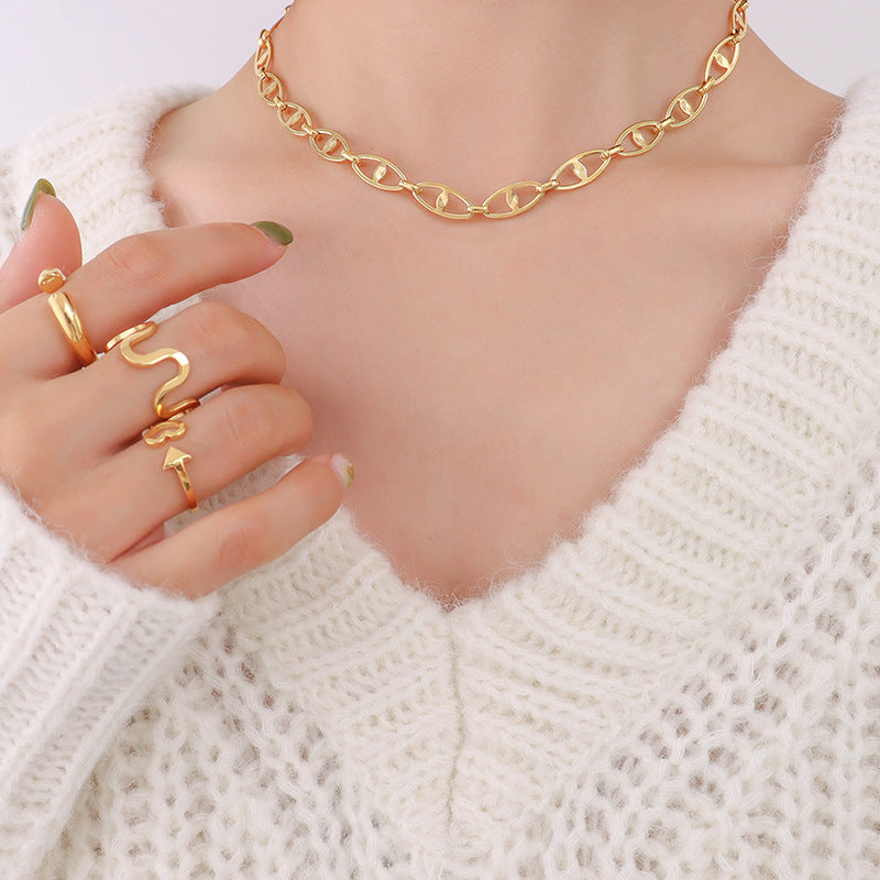Hip-hop design geometric elements stacked simple bare chain titanium steel plated 18K gold bracelet accessories set pp