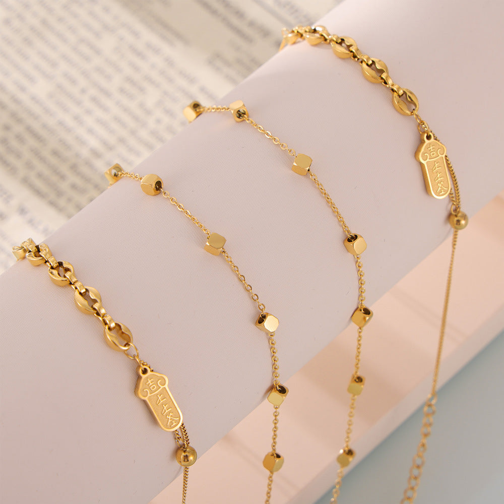 Niche simple personality versatile jewelry small square chamfered day buckle titanium steel gold-plated anklet